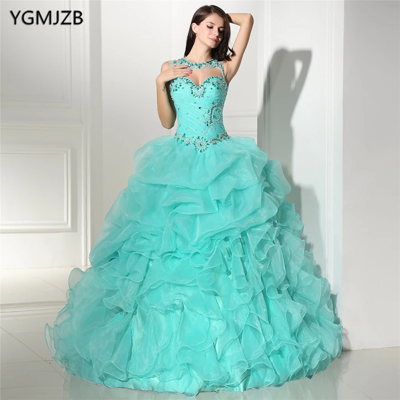 

Mint Green Quinceanera Dresses with Jacket Sweetheart Beaded Ruffles Vestidos De 15 Anos Ball Gown Debutante Gowns