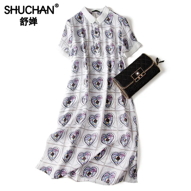 

Shuchan Casual Straight Print Shirt Dress Natural Silk Turn-down Collar Dresses Fashion 2019 Summer Knee-Length Female Dresses