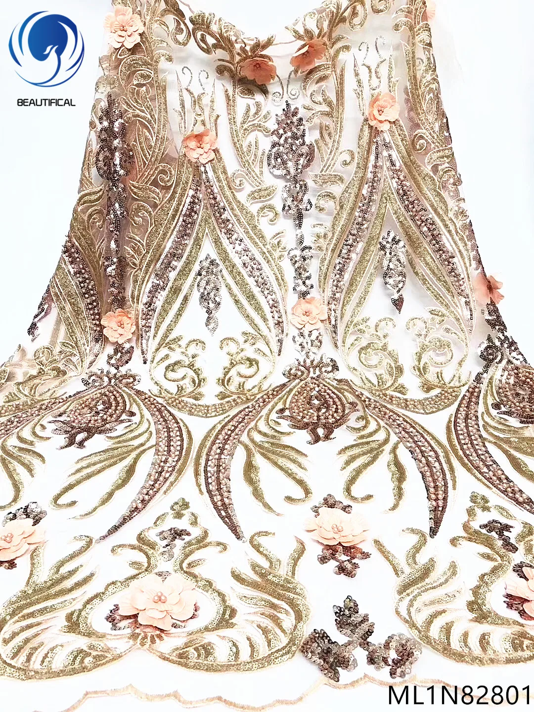 

Beautifical nigerian lace fabrics 3d flowers net lace beads fabric 5yards 2019 New design embroidery sequins lace fabric ML1N828
