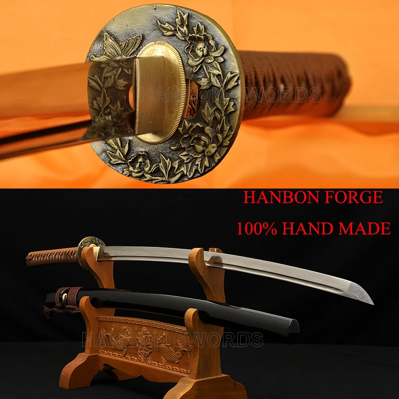 

Oil Quenched Full Tang Japanese Samurai Sword Katana Alloy Flower Tsuba Very Sharp Battle Ready Hard Wood + Imported Sageo Saya