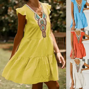 

2019 New Style Sexy Women's Dress Boho Floral Short Mini Dress Short Butterfly Sleeve Party Evening Holiday Sundress Vestidos
