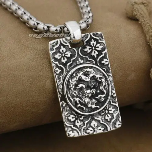 

925 Sterling Silver Dragon Dog Tag Mens Biker Rocker Pendant 9E022A(Necklace 24inch)