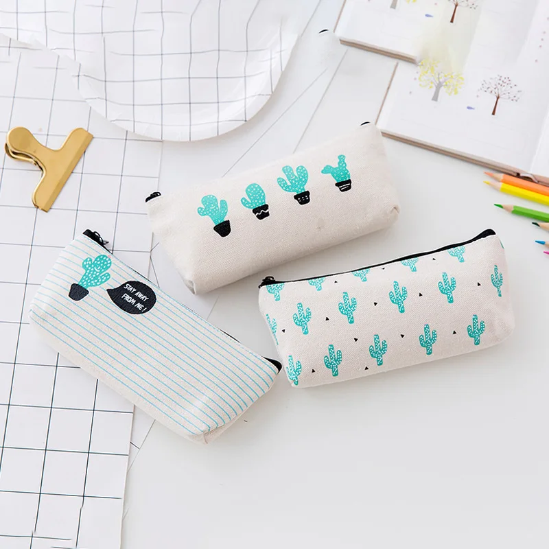 

Brief Style Green Cactus Canvas Large Capacity Pencil Bag Stationery Storage Organizer Pencil Case School Supply Pen Box Bag New