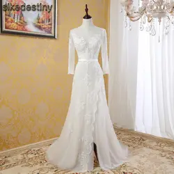 Sikedestiny 2018 Vestido de Noiva глубокий бисером Свадебные платья Robe de Mariage Sexy Back Часовня Поезд платья невесты