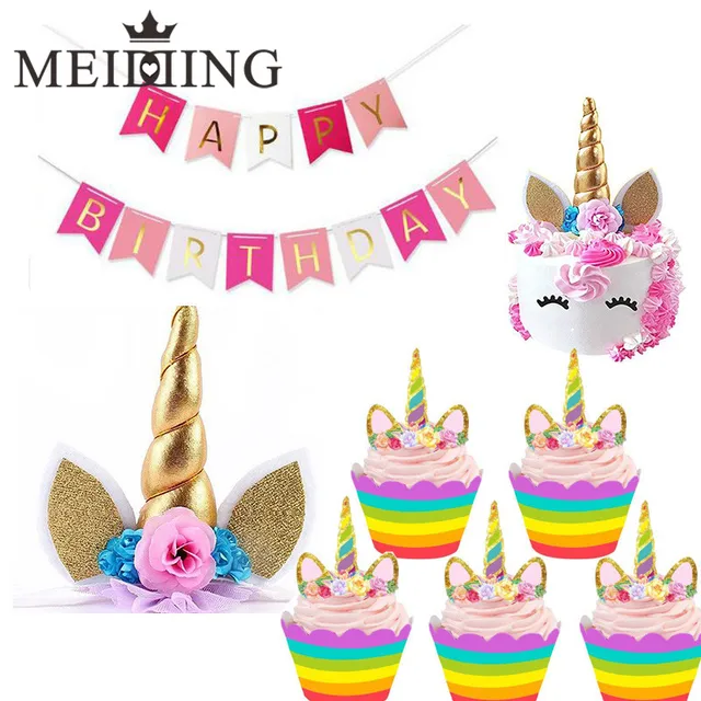 meidding handmade unicorn horn cake topper with unicorn cupcake