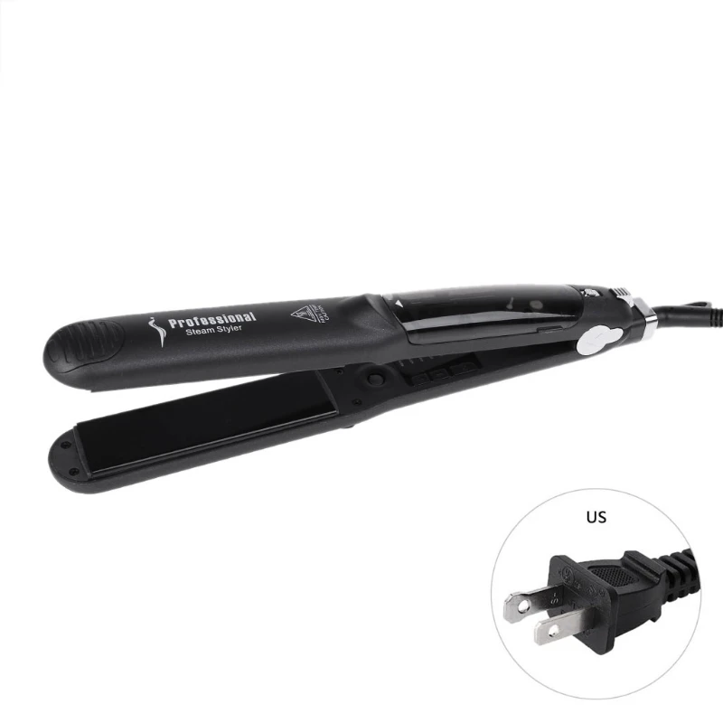 Ceramic Steam Salon Hair Vapor Steam Negative ions Function Flat Iron Tourmaline Ceramic Plate Professional Hair Straightener - Color: US