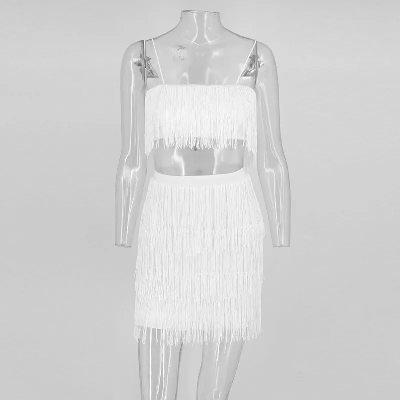 Ohvera/женский комплект 2 шт. с кисточками на тонких бретельках, укороченный топ и мини-юбка с высокой талией, сексуальный комплект из двух предметов, летняя одежда - Цвет: Белый