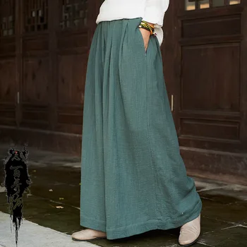 

Spring Cotton Linen Women Original Soft Wide Leg Pants Vintage Loose Skirt Pants Chinese Style Elastic Waist Ethnic Trousers Hot