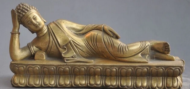 

bir 004061 8" Tibet Buddhism temple Copper Bronze rest sleep Rulai Sakyamuni Buddha Statue
