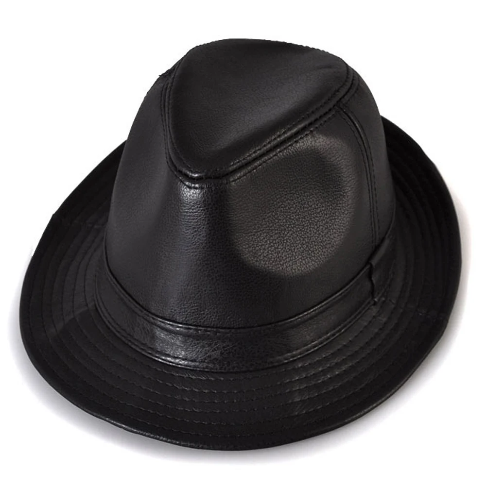Men Genuine Leather Fedoras Hat Winter Cowhide Leather Jazz Hats High Quality