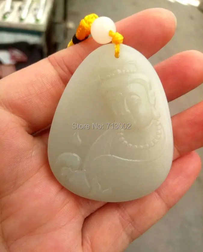 

Lucky Fine MILK IVORY Jade Amulet jadeite Pendant Carven Guanyin Necklace Talisman bless