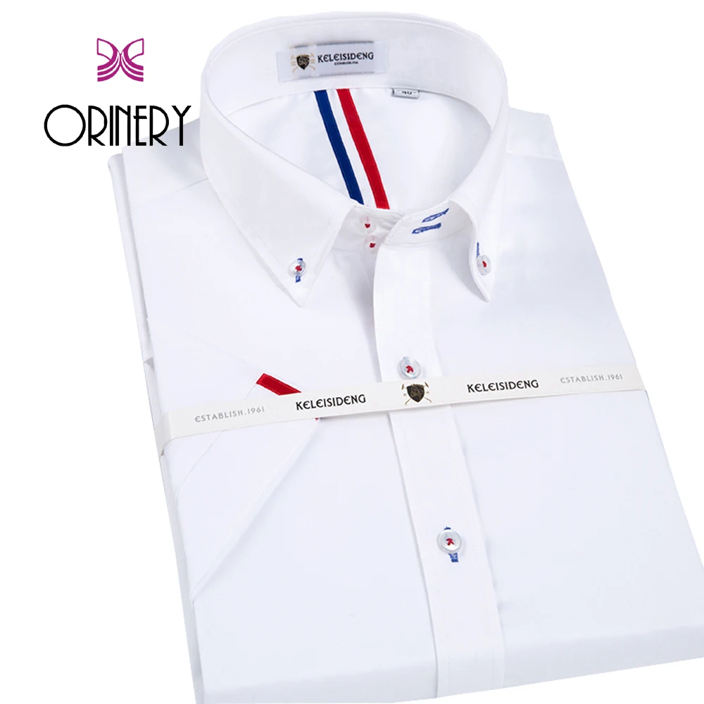 

ORINERY Hot Sale Summer Style Short Sleeve Mens Dress Shirt 100% Cotton Solid Inner Striped Shirt Fashion White Social Shirt