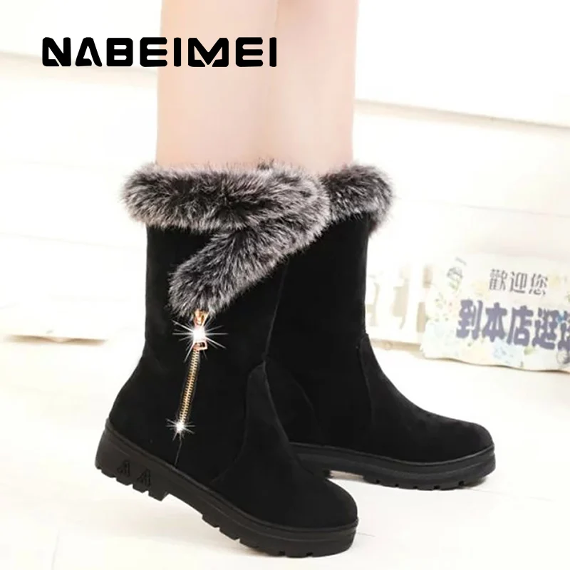 

Winter boots for women warm shoes fashion cow suede plush fur wedges mid calf boots ladies shoes plus size 36-41