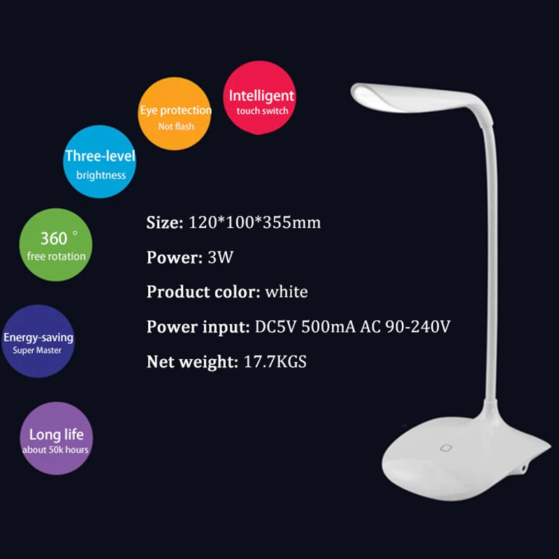

New 3 Level Dimmable LED intelligent touch switch Desk Light Eye-Protection LED Lamp Flexible USB Night Light Table Lamp Light