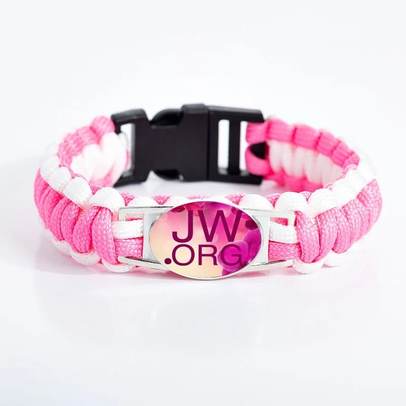 لطيف JW. ORG الوردي Paracord حبل سوار المسيحي يهوه في شهود الزجاج كابوشون سحر أساور للنساء مجوهرات للبنات