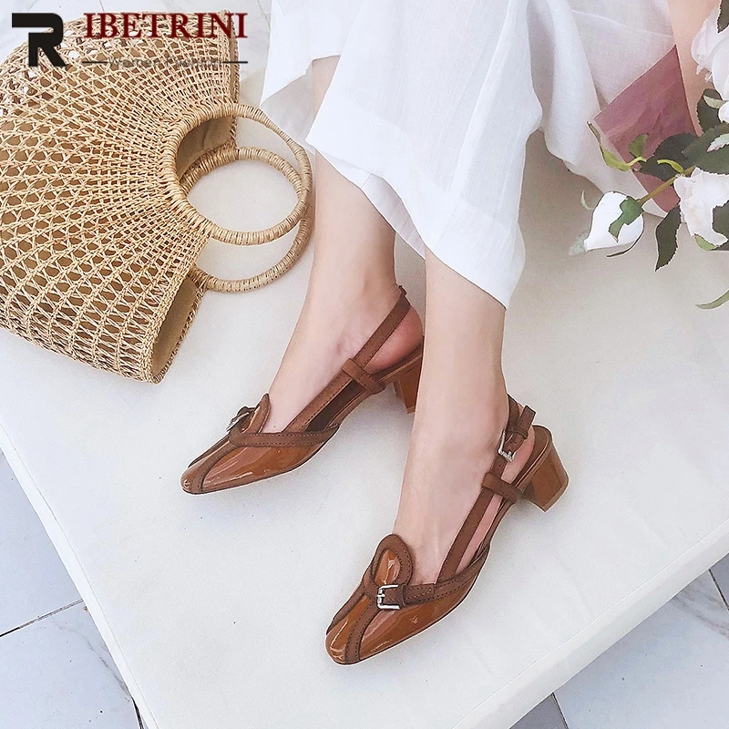 

RIBETRINI New Fashion Buckle Strap Luxury Summer Sandals Cow Leather Med Heels Shoes Woman Casual Party Ol Female Footwear