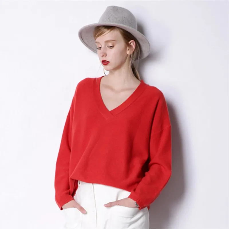 BARESKIY 2019 spring new V-neck cashmere sweater women's pullover loose large size women's solid color knit bottoming shirt BARESKIY 2019 spring new V-neck cashmere sweater women's pullover loose large size women's solid color knit bottoming shirt