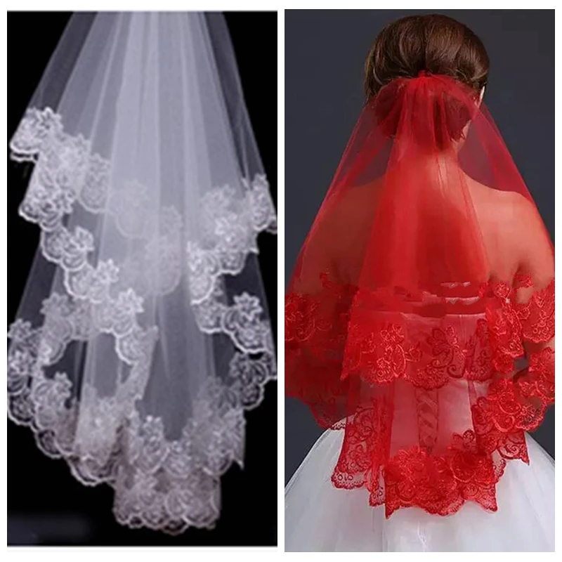 

Vintage Lace Appliques One Layer Bridal Veil 2019 Short Long Bridal Veil Soft Women Wedding Hair Veils Cheap White ivory Red