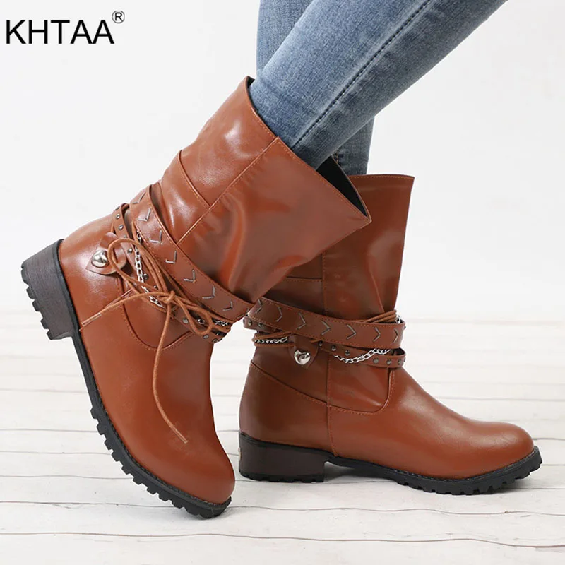 

KHTAA 2018 Ladies Autumn Thick Heel Short Ankle Boots Female Metal Chain Platform Slip On Shoes Women Fashion Low Heels