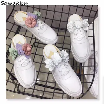 

Sweet Style Flat Heel Casual Shoes Woman New Chic Women Real Leather Slippers Mixed Colors Florals Sandales Femme Tenis Feminino