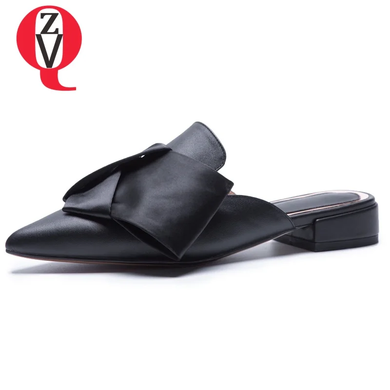 

ZVQ women slippers large size 34-43 genuine leather low square 3cm heel pointed toe bowties summer pink lady mules shoes