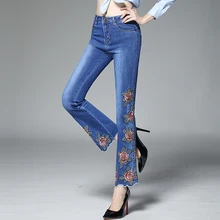 На лето и весну Повседневное Для женщин Вышивка отбеленные тянущиеся; Длина до лодыжки брюки из джинсовой ткани, с несколькими застежками женские узкие джинсы с бахромой штаны