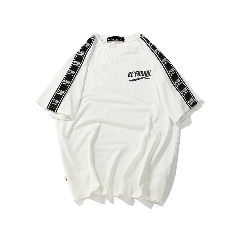 Aolamegs Мужская футболка с принтом ленты, мужские футболки с круглым вырезом, хлопковая модная уличная летняя парная футболка, уличная одежда - Цвет: White