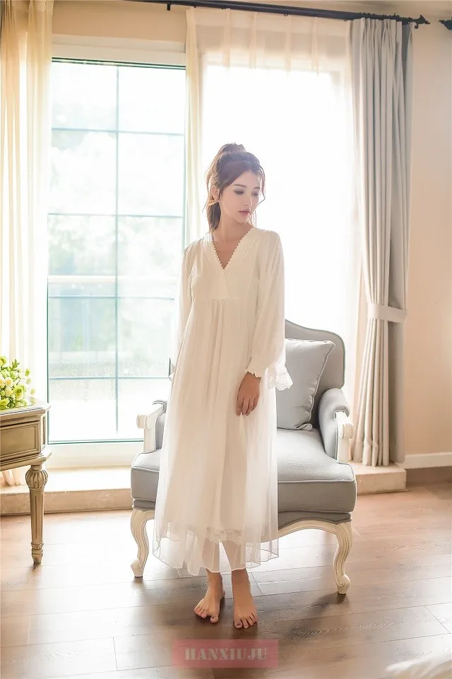 Модные осенние длинные ночные рубашки для женщин, белые кружевные с длинными пышными рукавами, винтажная одежда для сна принцессы, женское платье 6897