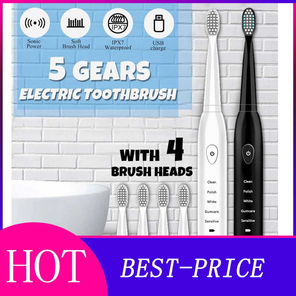 

Ultrasonic Sonic Electric Toothbrush USB Charge Rechargeable Tooth Brushes With 4 Pcs Replacement Heads Timer Teeth Brush