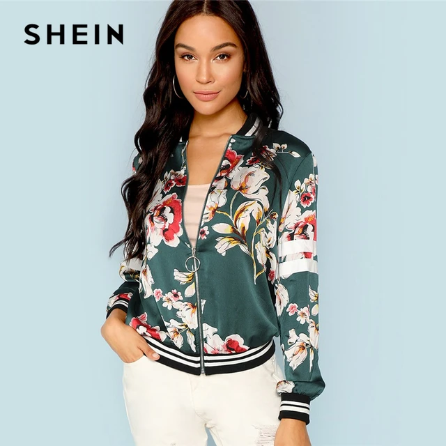 SHEIN Green Multicolor Zip Up Floral Print Striped Jacket Casual
