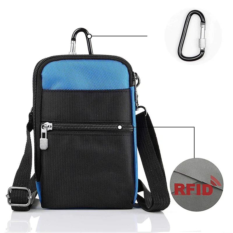 RFID Blocking Card Holder Passport Bag Travel Phone Neck Wallet Shoulder Satchel Crossbody Pouch with Carabiner Waist Pack