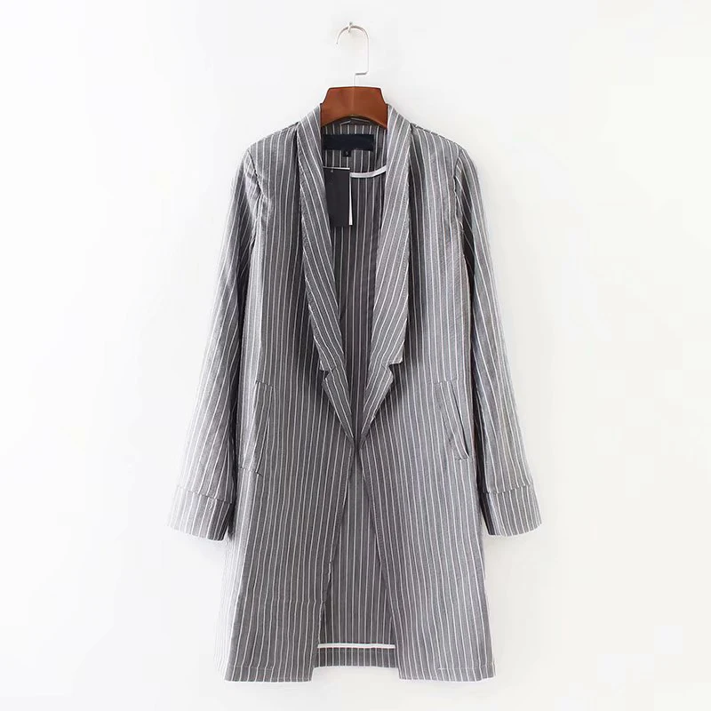 2018 New Spring Autumn Women Grey Striped Office Lady Blazer 3 4 Sleeve Jackets Business Blazers 