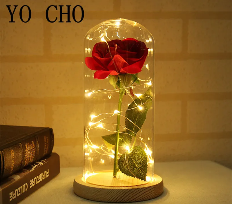 YO CHO 11.11.sales artificial flowers silk plastic rose branch in flask led rose bottle lamp valentines day gift fake flowers1_