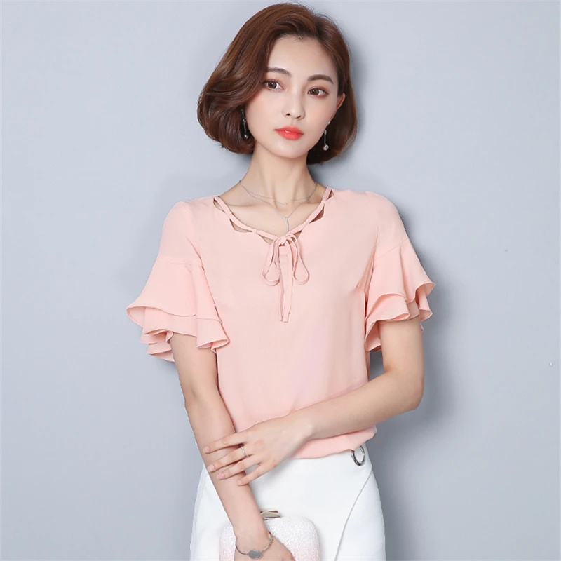 2017 verano nuevo Color puro Blusa de encaje volantes de manga corta Camisa Chiffon mujer dulce cordones onda Collar de la mujer blusas S 2XL| | - AliExpress