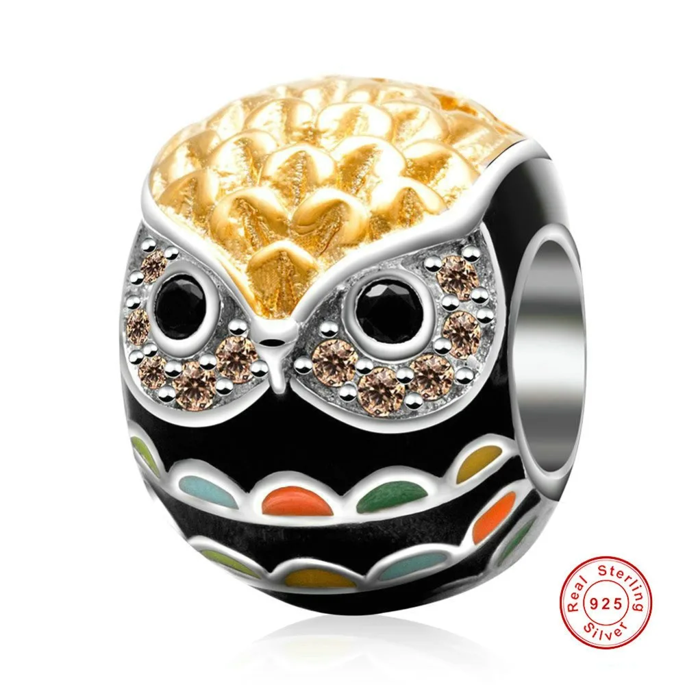 

Coloured Owl 925 Sterling Silver Zircon Gold Plated Charm Beads for DIY Bracelet Making Fine Jewelry Accesorries