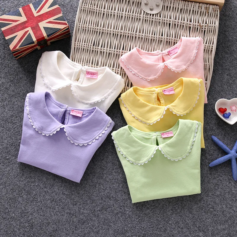 

Baby girls t-shirts 2018 cotton short-sleeve female children summer tshirt peter pan collar sweet camisetas kids top tees AA3058