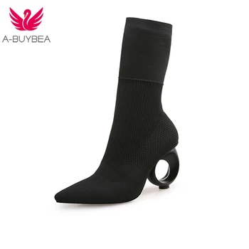

Fashion Trendy Design Stretch Sock Ankle Boots Long Strange Fretwork Heels Pointy Knitted Boots Black Apricot Size 34 - 40