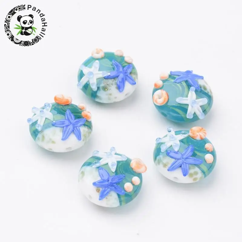 

Ocean Style Handmade Lampwork Beads, Flat Round with Starfish, CornflowerBlue, 20x10mm, Hole: 2mm; about 12pcs/box