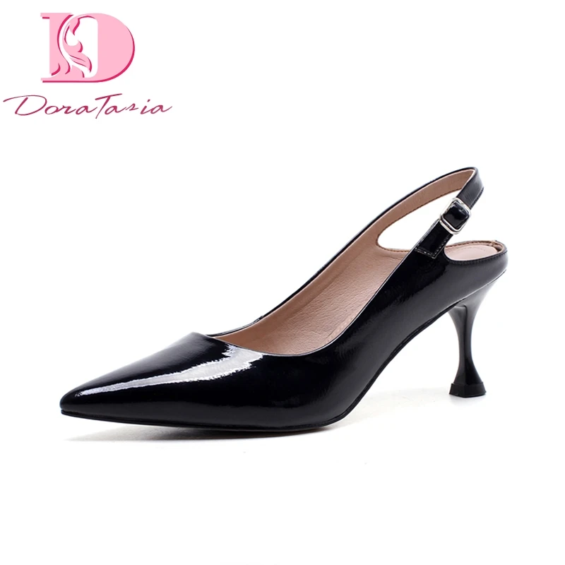 

Doratasia new women's patent leather buckle strap thin high heels pointed toe shoes woman casual summer pumps size 34-39