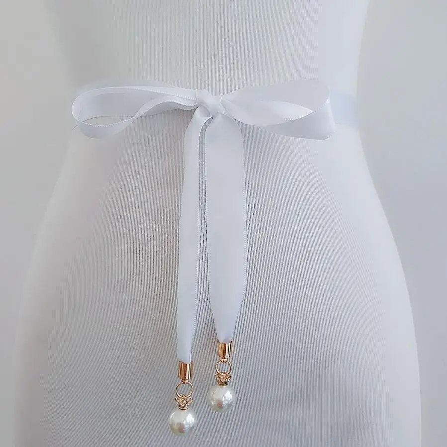 Модные жемчужные атласные пояса для Вечерние вечернее платье пояс полиэстер невесты лента для подружки невесты Свадебная лента ремни для девочек - Цвет: Pure White