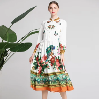 

GoodliShowsi New Runway Designer 2019 High Quality Print Small Stand Collar Wrist Sleeve Women Vestidos Robe Femme Chic Dress
