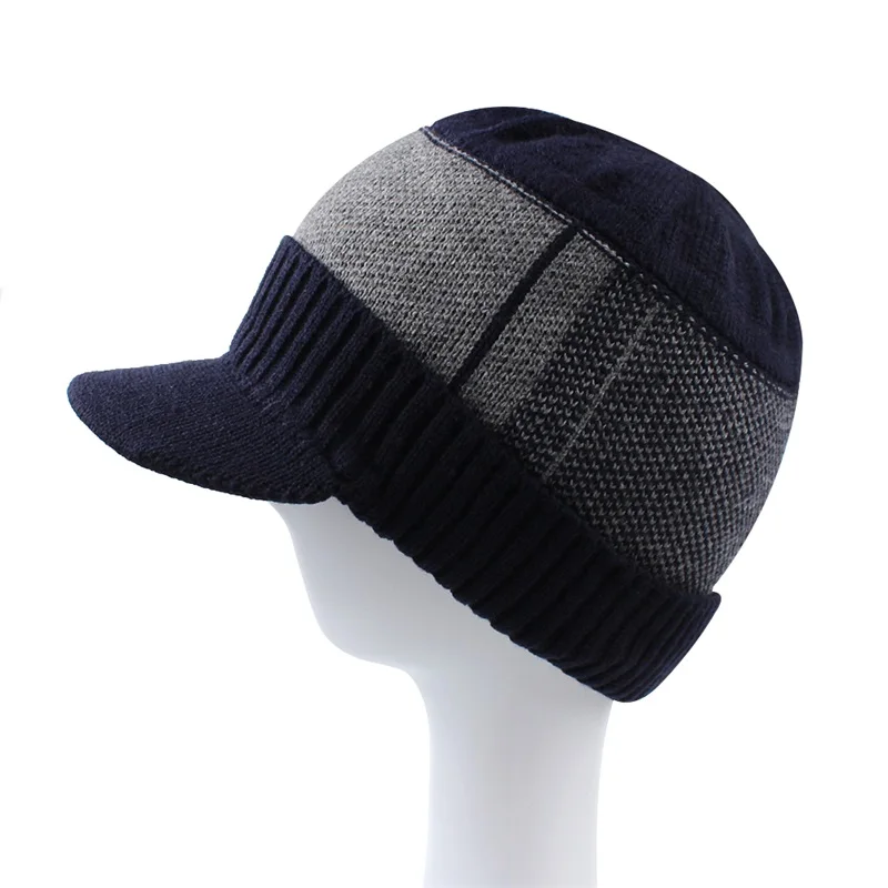 Warm Winter Men Hat Knit Cable Visor Male Beanie Fleece Lining Patchwork Beanie Stripe Newsboy Cap Outdoor Sport Adult Hat  (13)