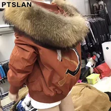 Ptslan Luxury Women Brand Big Real Nature Raccoon Fur Collar Hooded Fur Coat Long Winter Fox
