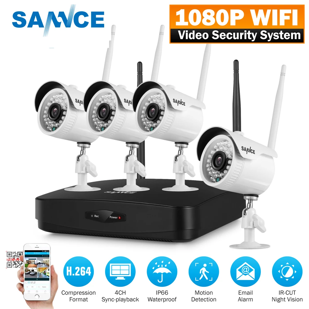 SANNCE 4CH 1080P font b Wireless b font NVR Kit 4pcs 1080P 2mp Wifi IP Camera