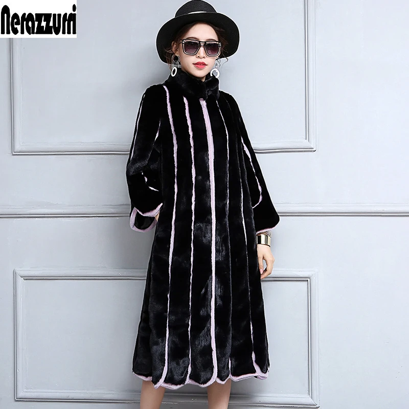 Nerazzurri 2018 New Women Faux Fur Coat Long Black and Purple Contrast Color Striped Patchwork Loose Overcoat Plus Size 5XL 6XL