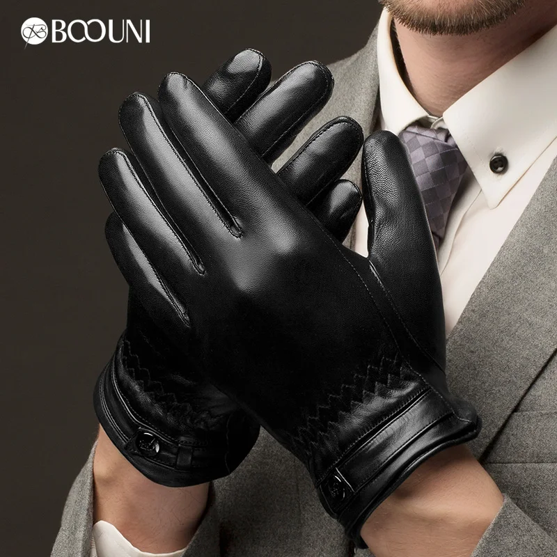 BOOUNI Genuine Leather Gloves Fashion Men Sheepskin Gloves Black Winter Plus Velvet Finger Motorcycle Driving Glove NM786