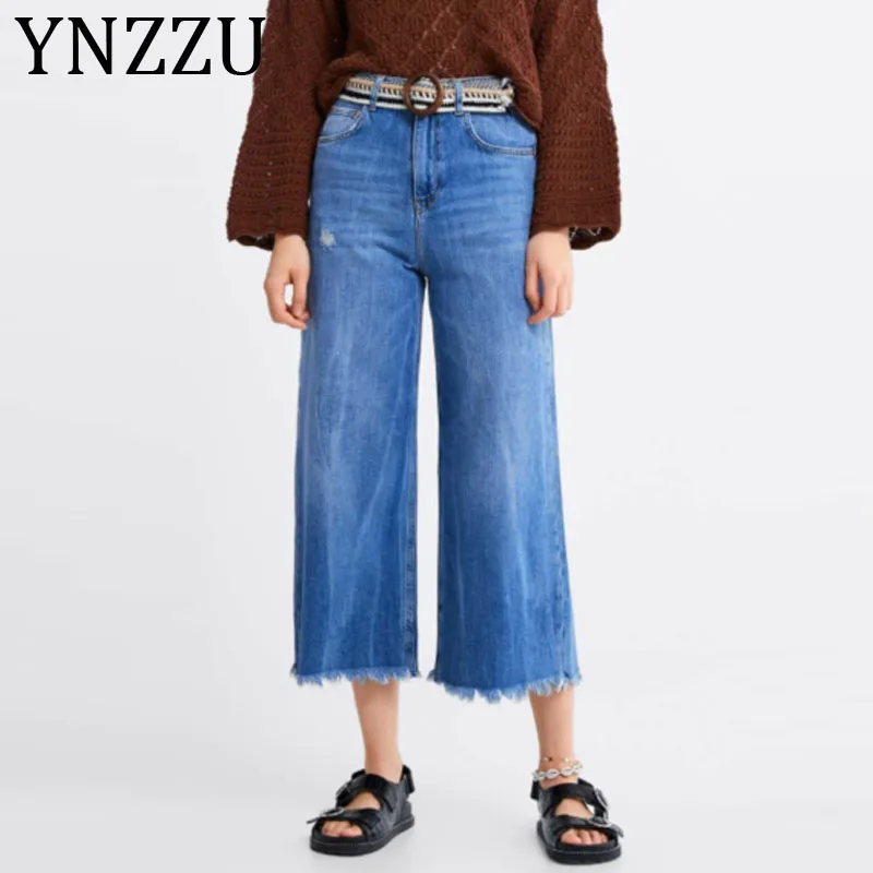 YNZZU корейский 2019 Новый Высокая талия Мода Широкие брюки джинсы для женщин по щиколотку свободные джинсы винтажные джинсы женщина AB163