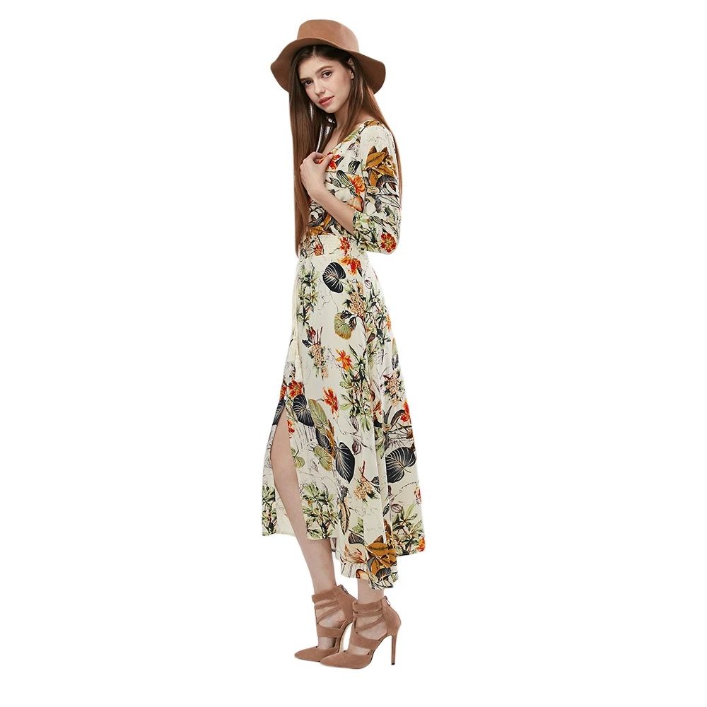 VESTLINDA Vintage Dress Allover Floral Print Elestic Waist Split Long Dress V Neck 34 Sleeve Robe Femme Women 2017 Summer Dress 05