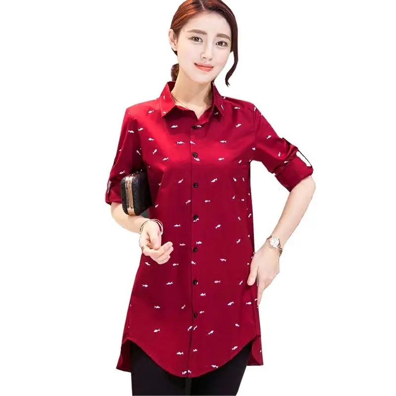 Spring Casual New Cotton Blend Fish Print Red Ladies