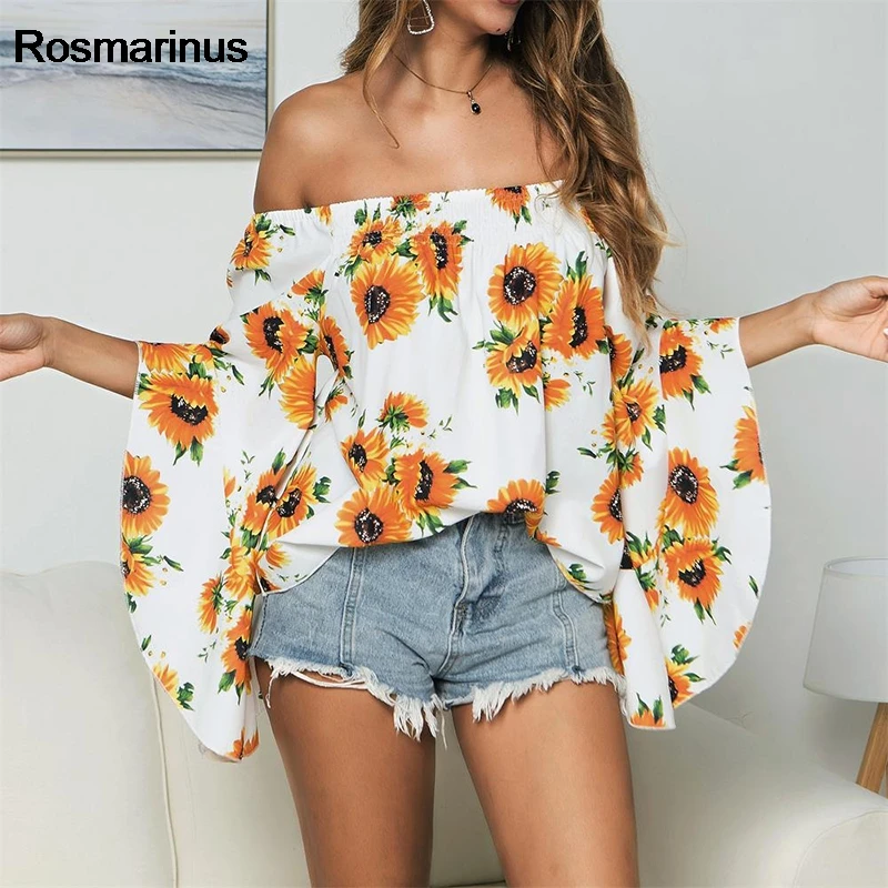 

Off Shoulder Blouse Women Summer Slash Neck Flare Sleeve Floral Print Boho Beach Blouse Loose Oversize Ladies Tunic Tops